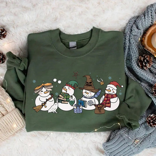 Wizard Snowman Christmas Sweatshirt, Snowman Reading Wizard Book Shirt, Magical Castle Sweater, Wizard School Christmas...