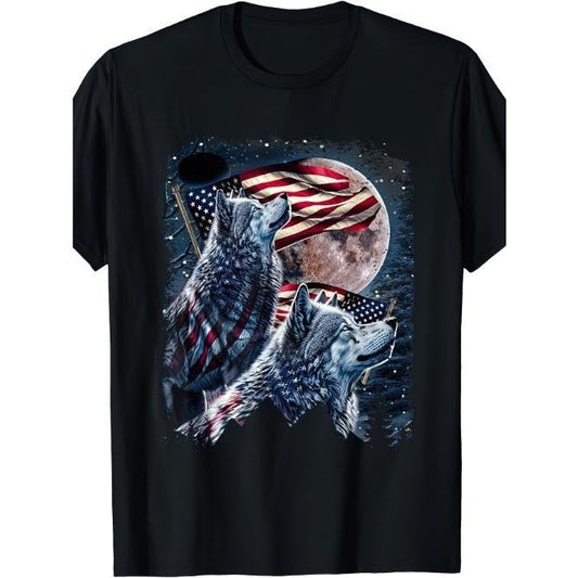Wolf 4th Of July American Flag Howling Wolves Under Moon T-Shirt - Cotton T-shirt Made in USA Hoodie, Sweatshirt