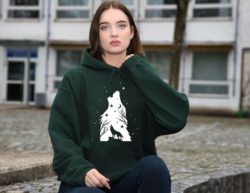 Wolf Moon And Stars T Shirt Hoodie Sweater Howling Wolf Hoodie Halloween Hoodie Wolf Hoodie Fall Hoodie Halloween Wolf...
