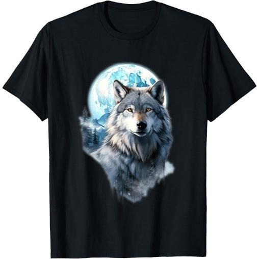 Wolf Moon Print T-shirt Cotton Casual Summer Tee, Trendy Tops Crew Neck Tee, Comfort Street Style Tee, Must-have...