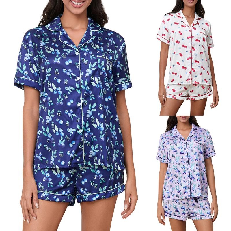 Women 2-Piece Loungewear Short Set Lapel Neck Short Sleeve Tops Bow Drawstring Shorts Print Pajama Outfit T-Shirts,...