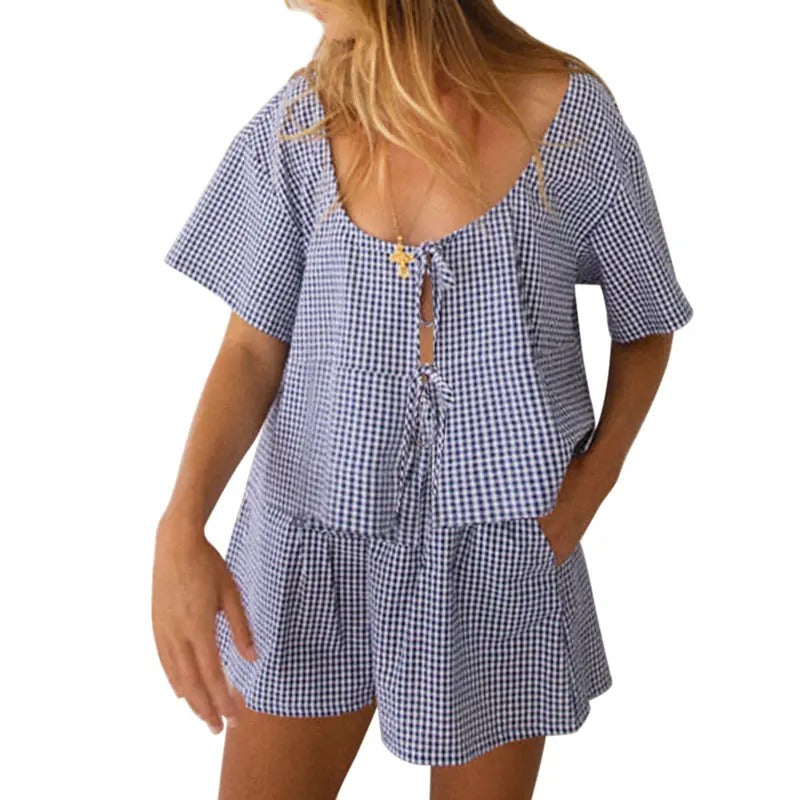 Women 2 Piece Outfits Plaid Print Tie Front Short Sleeve T-Shirt and Elastic Shorts Club Streetwear Fashion Clothes...