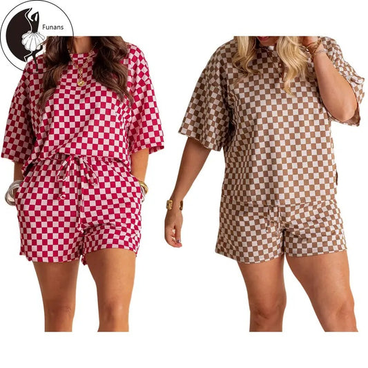 Women 2-Piece Summer Outfits Checkerboard Print Loose T-Shirt and Elastic Shorts Club Streetwear Fashion Clothes Hoodie,...