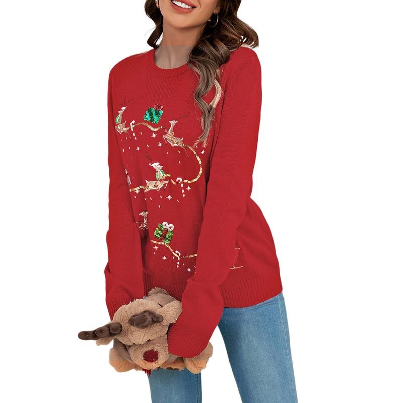 Women Christmas Sweater Long Sleeve Crew Neck Sequined Reindeer Pullover Sweater Winter Sweater Knitwear Womenswear...
