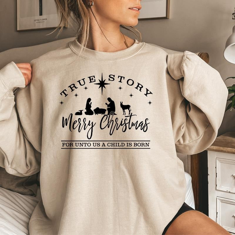 Women Christmas Sweatshirt Crewneck Christian Religious Graphic Tops Long Sleeve A Thrill Of Hope Nativity Shirt Hoodie