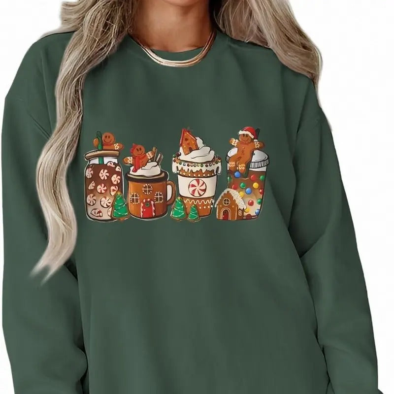 Women Christmas Sweatshirt Crewneck Gingerbread Shirt Long Sleeve Xmas Tree Coffee Pullover Oversized Holiday Tops Cotton...