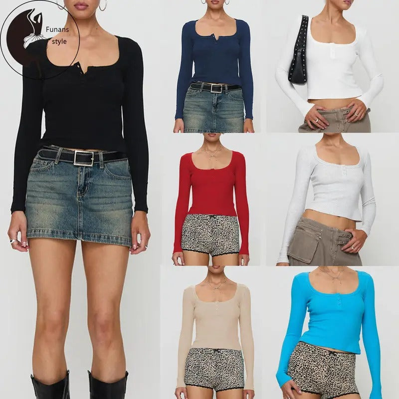 Women Crop Fitted Tops Trendy Solid Color Square Neck Button Long Sleeve Henley Shirt for Club Streetwear Hoodie, Sweatshirt