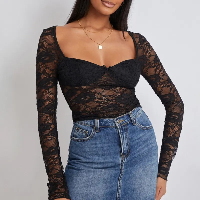 Women Crop Floral Lace Tops Long Sleeve Shirt Casual Pullovers for Club Streetwear Aesthetic Grunge Clothes Fashion...