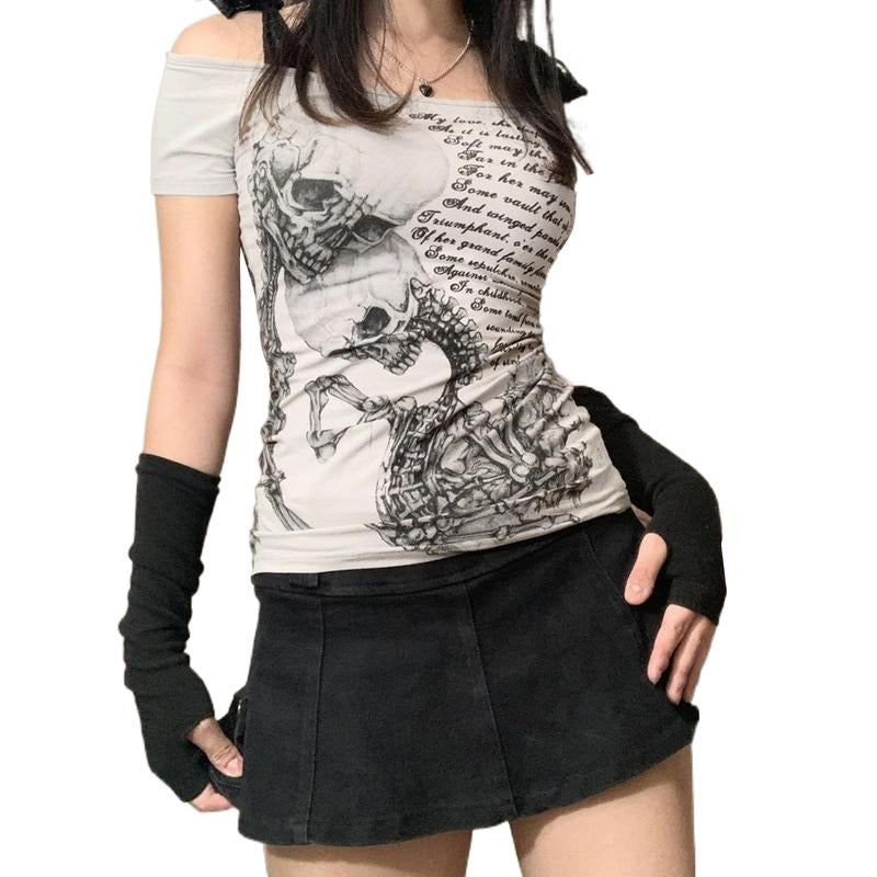 Women Fashion Wild Gothic T-Shirts Skull Letter Print Off-Shoulder Boat-Neck Short Sleeve Tops Summer Slim Fit Streetwear...