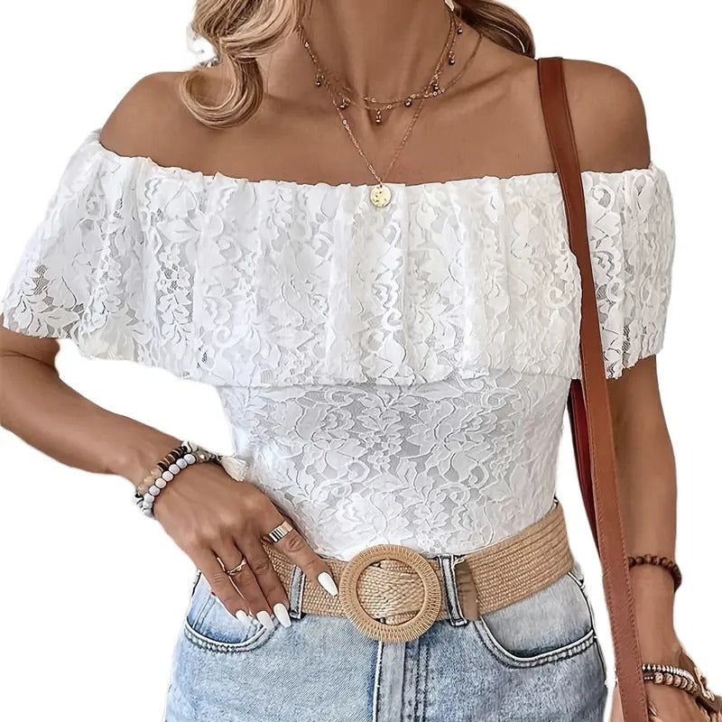Women Flower Lace TopsOff The Shoulder Ruffle Short Sleeve Backless Crop Shirt Summer Streetwear Hoodie, Sweatshirt