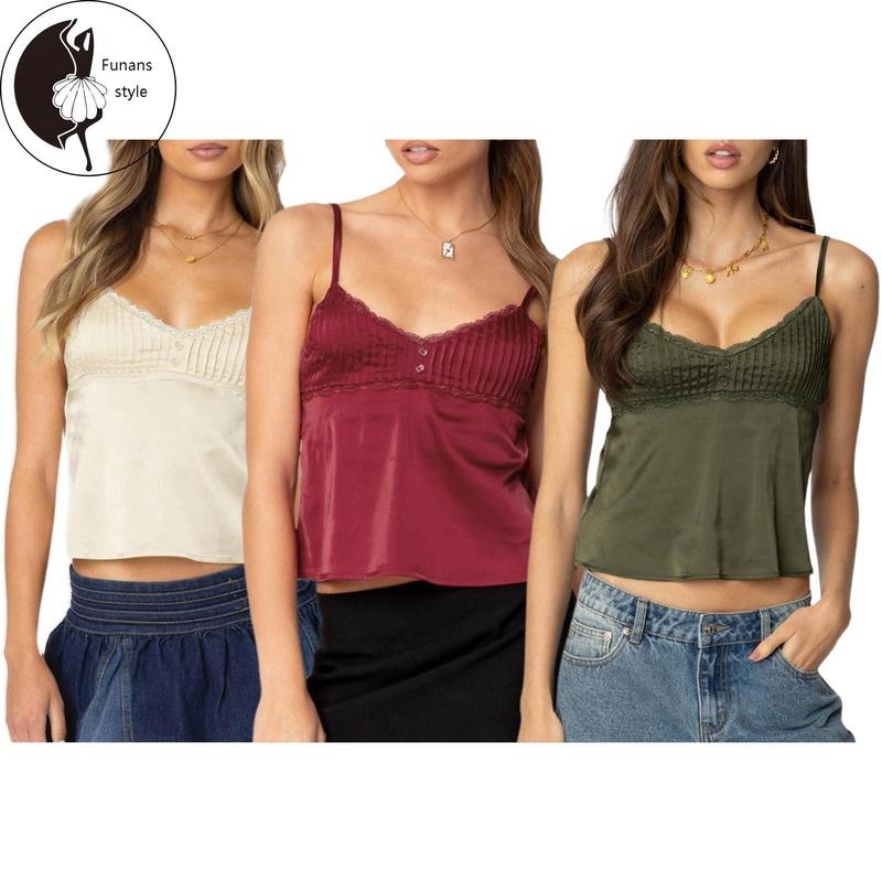 Women Lace Trim CamisoleV Neck Tie Back Spaghetti Strap Backless Crop Tops Summer Streetwear T-Shirts, Hoodie, Sweatshirt