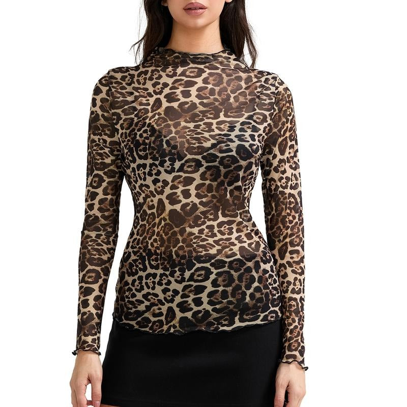 Women Leopard Print T-shirt Long Sleeve Crew NeckFit Ladies Tops Streetwear Hoodie, Sweatshirt | WearSparks.com