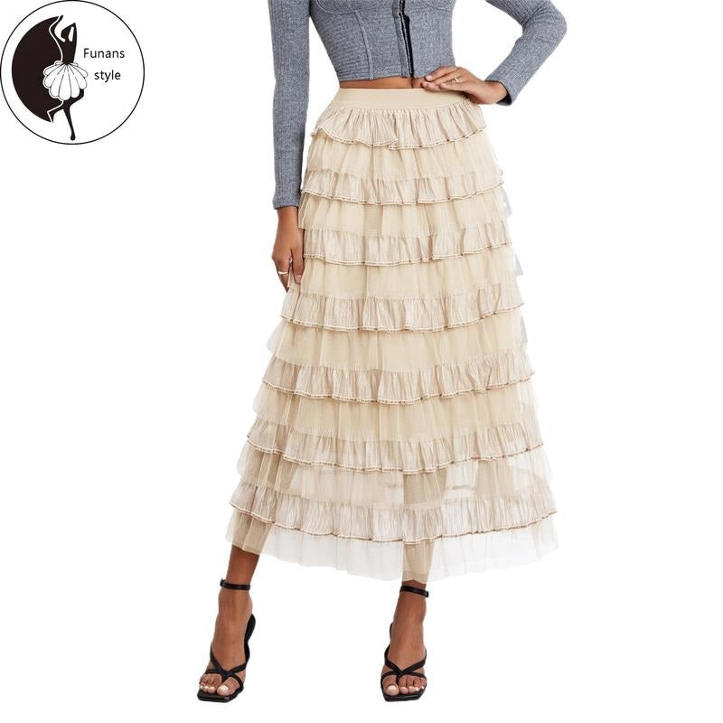 Women Long Cake Skirt Solid Color High Rise Layered Ruffled A-line Tulle Skirt for Daily Office T-Shirts, Hoodie, Sweatshirt