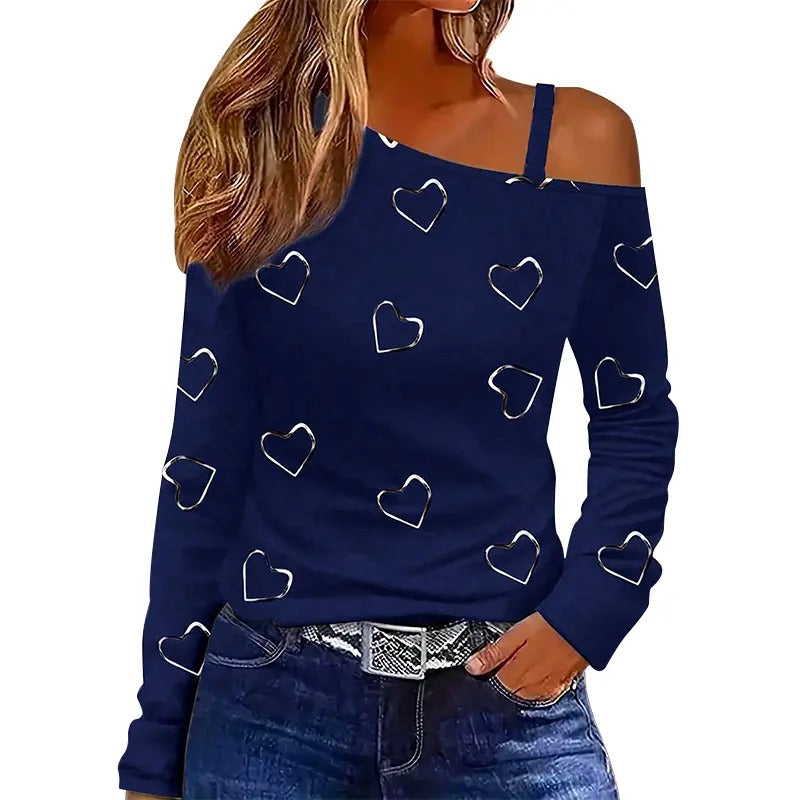 Women Long Sleeve T-Shirts Heart Print Oblique Shoulder Shirts Spring FallFit Casual Tops Hoodie, Sweatshirt | WearSparks.com