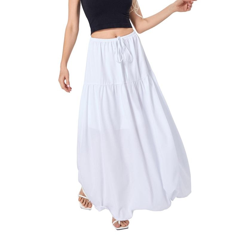 Women Loose A-Line Skirt Solid Color Casual Summer Elastic Drawstring Skirt for Beaches Club Streetwear Fashion...