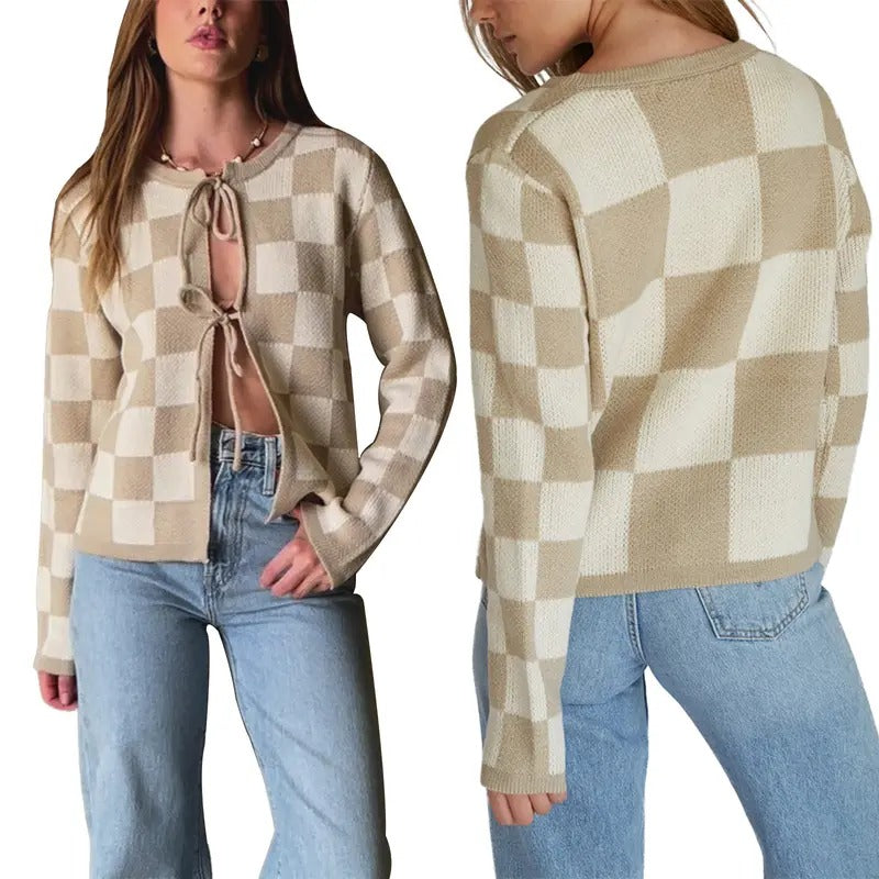 Women Plaid Cardigan, Long Sleeve Tie-up Fall Casual Jacket Sweater for Daily Street T-Shirts, Hoodie, Sweatshirt