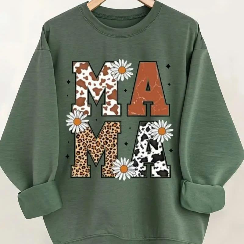 Women'S Casual Crew Neck Sweatshirt with Leopard & Cow Print "MAMA" Graphic T-Shirts, Hoodie | WearSparks.com