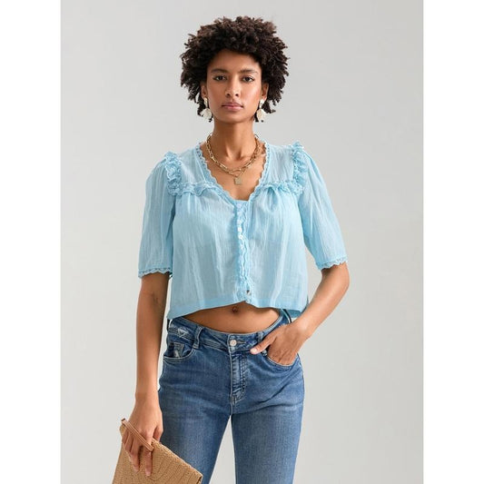 Women Short Sleeve Shirts Lace Ruffles Buttons Fashion Blouses Summer Loose Casual Tops Streetwear Cotton Womenswear...