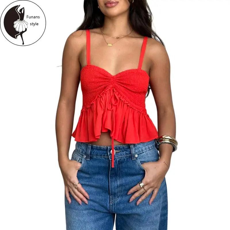 Women Spaghetti Strap Crop Tops Solid Ruched Tie-Up Sweetheart Neck Sleeveless Babydoll Shirts Hoodie, Sweatshirt