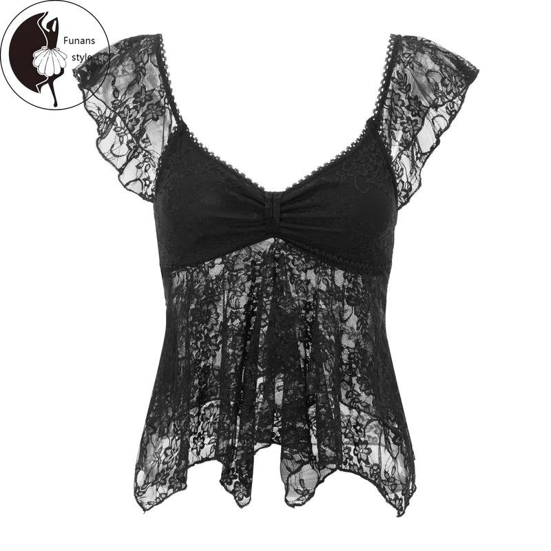 Women Summer Crop Tanks Flying Sleeve V Neck Lace Double Layered Lotus Edge Tops T-Shirts, Hoodie, Sweatshirt