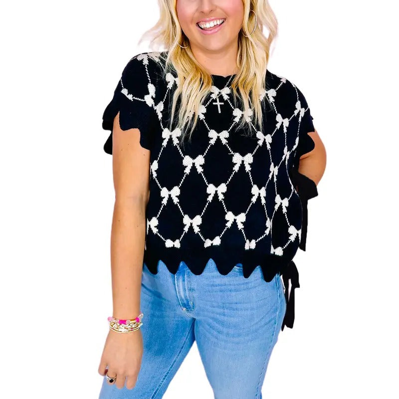 Women Summer Knitted Tops Bow Pattern Flying Sleeve Round-Neck Loose Fit Knitwear T-Shirts, Hoodie, Sweatshirt