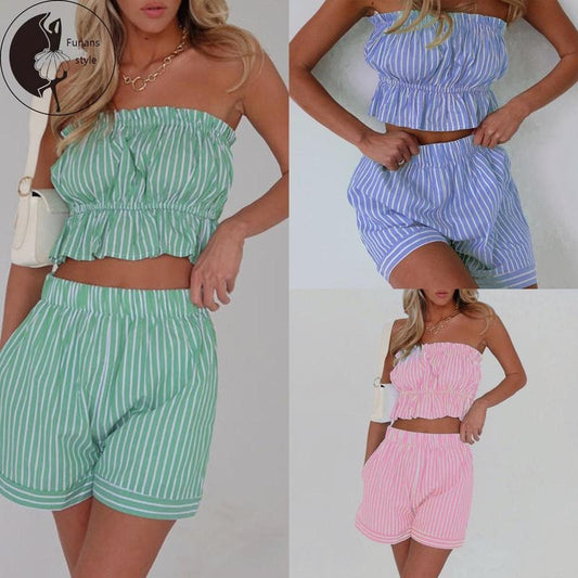 Women Summer Shorts Outfits Stripe Strapless Tube Tops Elastic Waist Shorts 2 Pieces Clothes Set T-Shirts, Hoodie, Sweatshirt