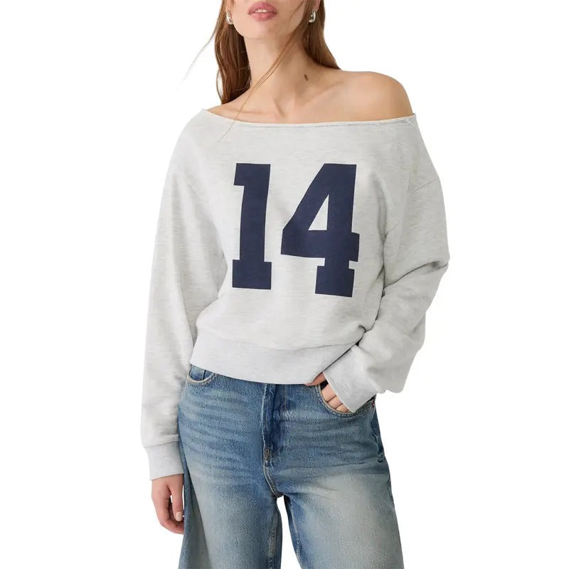 Women Sweatshirt, Long Sleeve Oblique Neck Numbers Print Hoodie Pullover Casual Tops T-Shirts | WearSparks.com