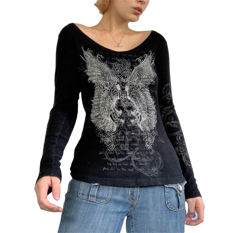Women Trendy T-Shirt, Rhinestones Scoop Neck Long Sleeve Regular Fit Casual Tops Streetwear for Females, Black Fabric...