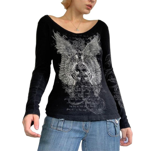 Women Trendy T-Shirt, Rhinestones Scoop Neck Long Sleeve Regular Fit Casual Tops Streetwear for Females, Black Fabric...