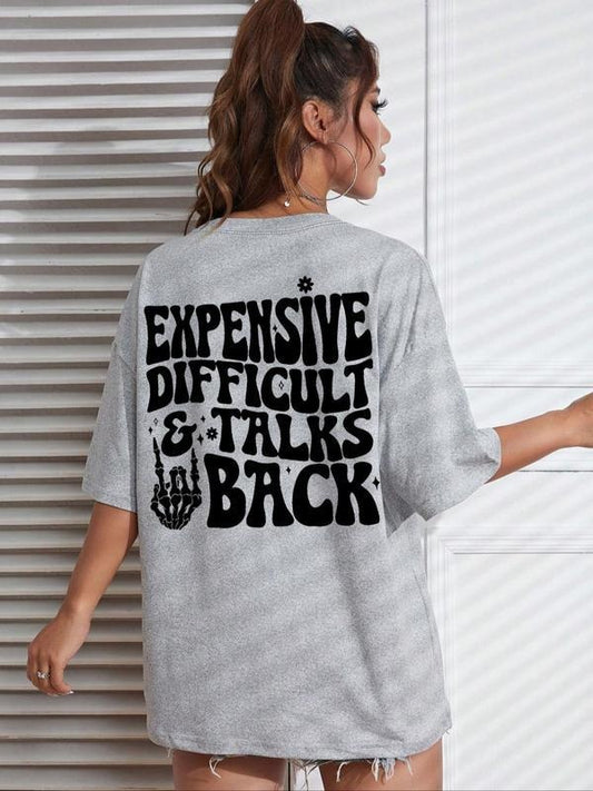 Women's " Expensive Difficult and Talks Back" Slogan Print Skeleton Hand Graphic Round Neck Tee, Back To School Outfits,...