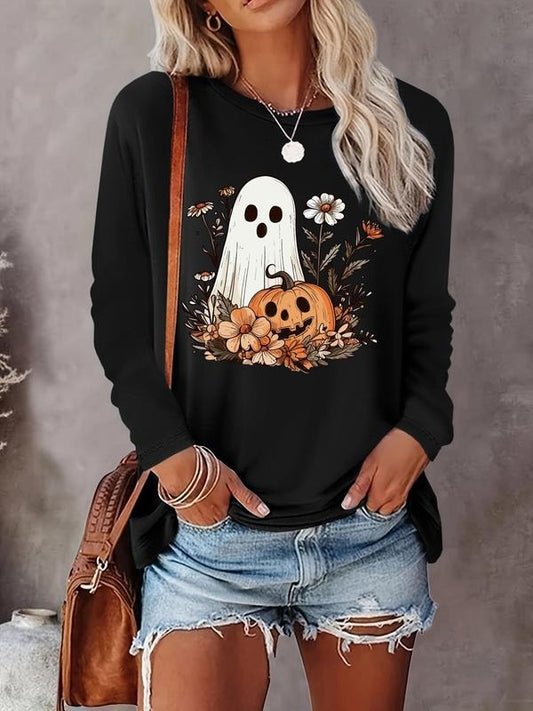 Women's   Ghost Print Round Neck Tee, Casual Long Sleeve Crew Neck T-shirt for Fall & Winter, Women's Top for Daily Wear...