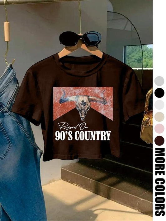 Women's "90's Country" Print Round Neck Crop Tee, Vintage Trendy Casual Short Sleeve T-shirt for Daily Wear, Ladies...