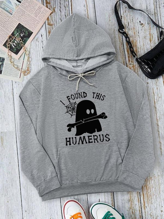 Women's  Cartoon Ghost & Letter Print Drop Shoulder Hoodie, Fashion Casual Drawstring Pocket Hooded Sweatshirt for Daily...