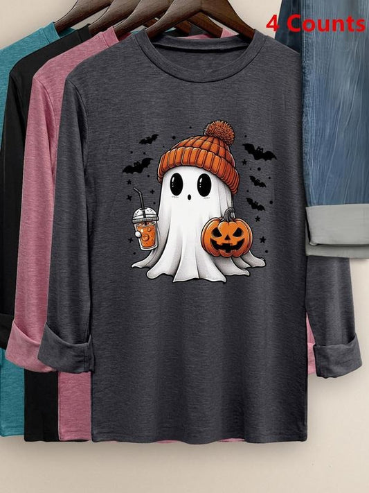 Women's  Cartoon Ghost & Pumpkin Print Long Sleeve Tee, Casual Round Neck T-shirt for Fall & Winter, Women's Top for...