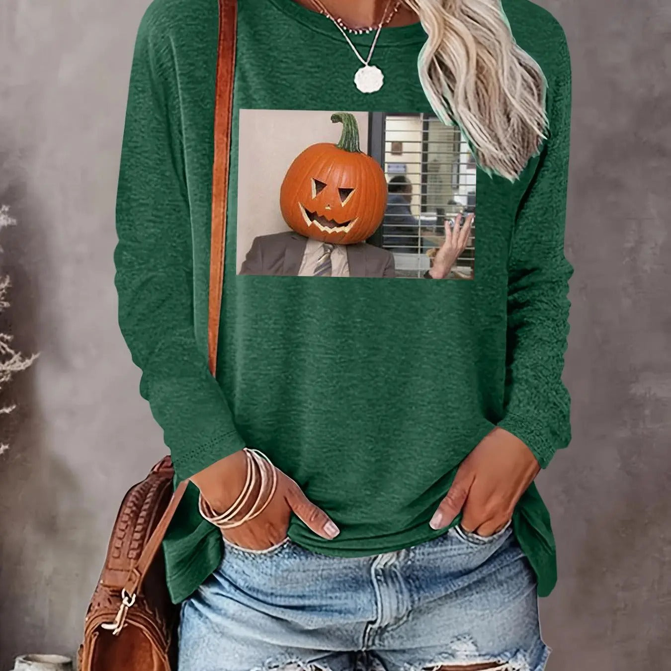 Women's  Cartoon Pumpkin Print Drop Shoulder Sweatshirt, Casual Long Sleeve Round Neck Pullover for Daily Wear, Ladies...