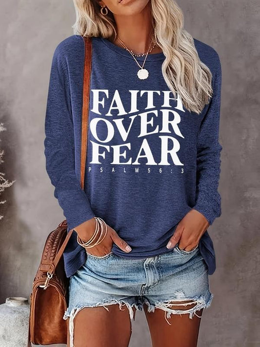 Women's "FAITH OVER FEAR" Letter Print Round Neck Tee, Casual Long Sleeve Crew Neck Top for Fall & Winter, Women's...