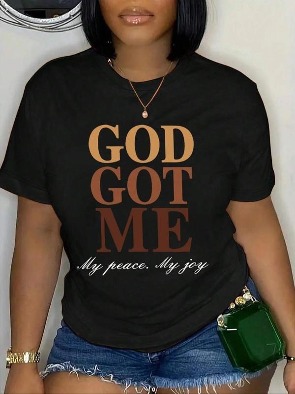 Women's "GOD GOT ME" letter Print Round Neck Tee, Graphic Tees, Casual Short Sleeve Graphic T-shirt for Daily Wear,...