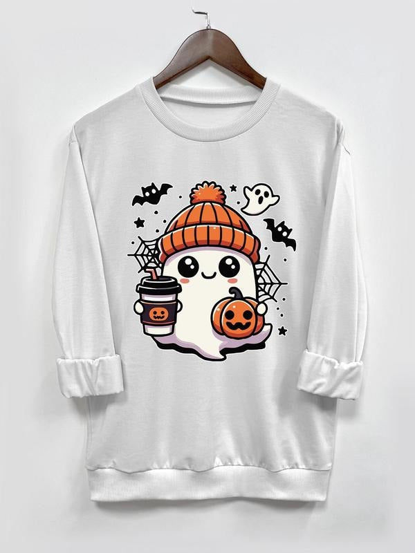 Women's  Ghost & Pumpkin Print Round Neck Tee, Fashion Casual Long Sleeve T-shirt for Daily Holiday Vacation Outdoor...