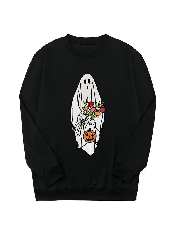 Women's  Ghost Print Crew Neck Sweatshirt, Casual Long Sleeve Pullover for Daily Wear, Ladies Clothes for Fall & Winter...