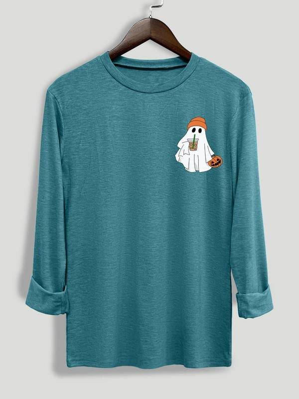 Women's  Ghost Print Round Neck Tee, Casual Long Sleeve Crew Neck T-shirt for Halloween, Ladies Clothing for Daily Wear...