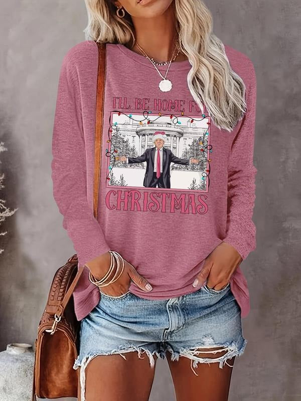 Women's "I'LL BE HOME FOR CHRISTMAS" Christmas Letter & Figure Print Round Neck Tee, Casual Long Sleeve Crew Neck T-Shirt...