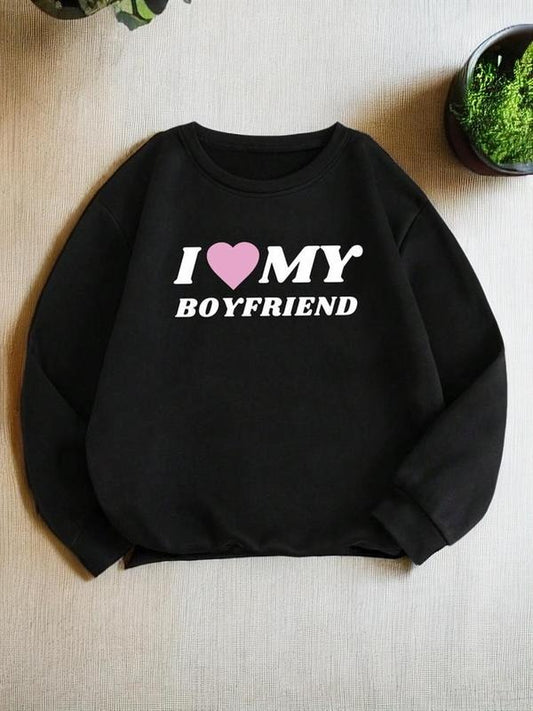 Women's "I LOVE MY BOYFRIEND" Print Round Neck Sweatshirt, Casual Fashion Long Sleeve Pullover for Fall & Winter Daily...
