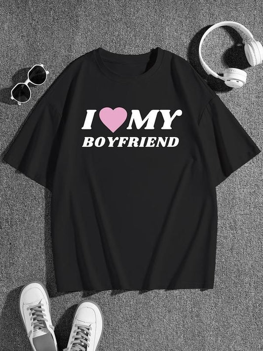 Women's "I Love My Boyfriend" Print Drop Shoulder Tee, Summer Clothes Women Casual Short Sleeve Round Neck T-shirt for...