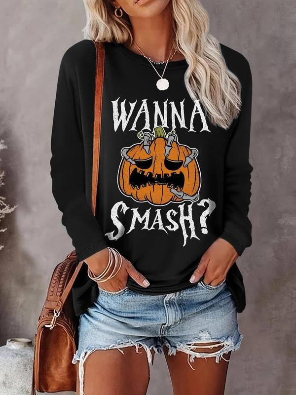 Women's  Letter & Pumpkin Print Drop Shoulder Sweatshirt, Casual Long Sleeve Round Neck Pullover for Daily Wear, Ladies...