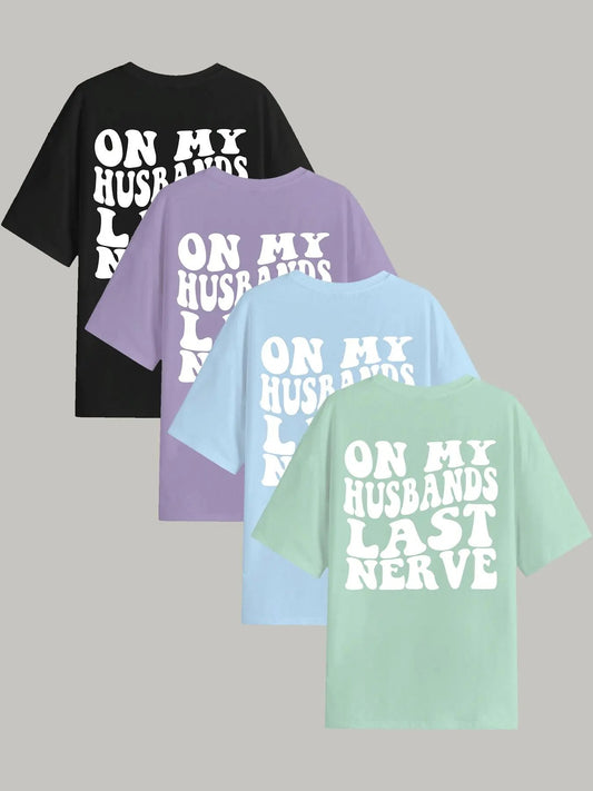 Women's "ON MY HUSBANDS LAST NERVE" Letter Print Round Neck Graphic Tee, Vintage Trendy Casual Half Sleeve T-shirt For...