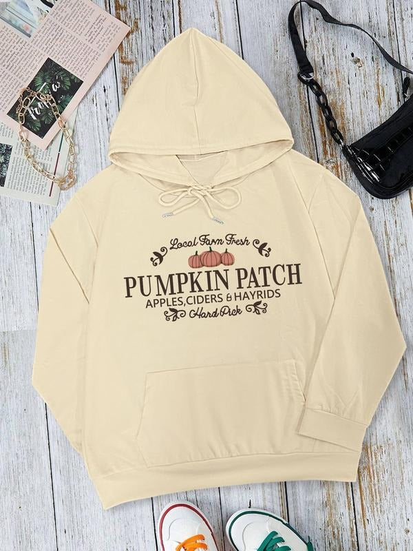 Women's  Pumpkin & Letter Print Drawstring Pocket Hoodie, Casual Long Sleeve Hooded Sweatshirt for Fall & Winter, Women's...