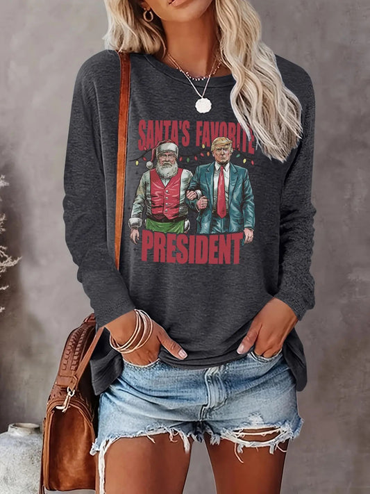Women's "SANTA'S FAVORITE PRESIDENT" Christmas Themed Letter & Figure Print Round Neck Tee, Casual Long Sleeve Crew Neck...
