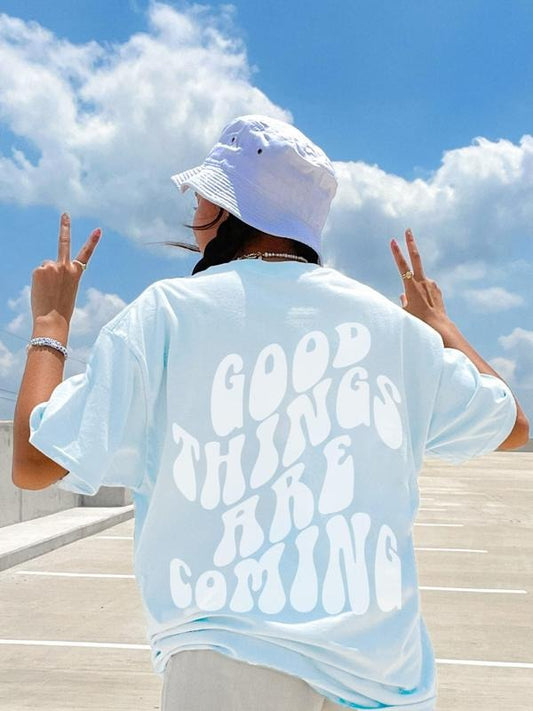 Women's "good Things Are Coming" Print Round Neck Tee, Fashion Casual Crew Neck T-Shirt for Daily Holiday Vacation...