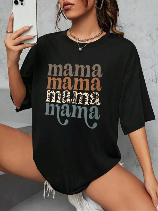 Women's "mama" Letter Print Round Neck Graphic Tee, Vintage Trendy Casual Drop Shoulder Half Sleeve T-shirt For Daily...