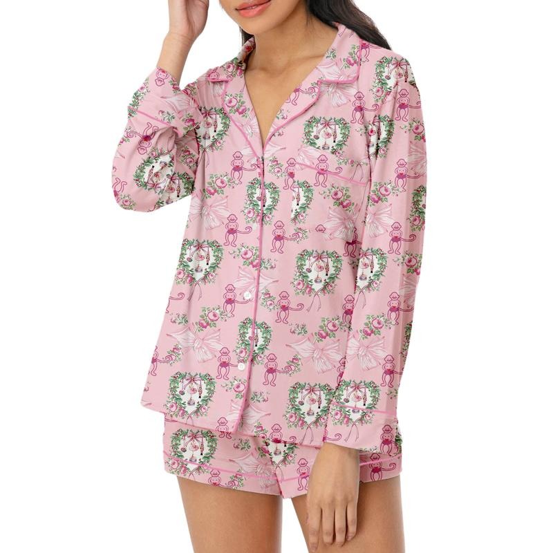 Women's 2 Piece Lounge Set Long Sleeve Lapel Bow Monkey Print Button Up Tops Shorts Sleepwear Sets T-Shirts, Hoodie,...